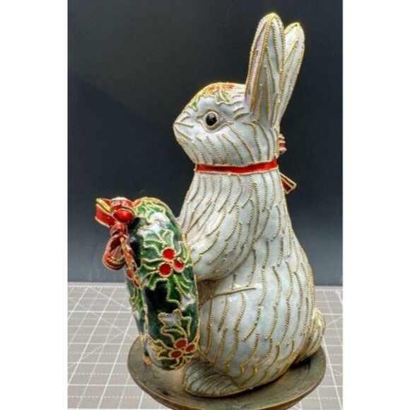 Vintage Cloisonné Design Copper Enamel Bunny Rabbit Bow Wreath Figure signed - Picture 4 of 5